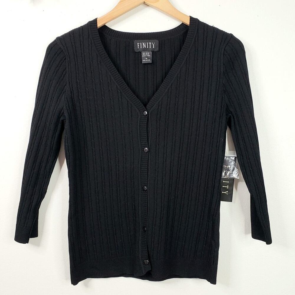 90s Y2K Black Ribbed Cable V Neck Cardigan S Academia Twee Preppy Tailored NEW